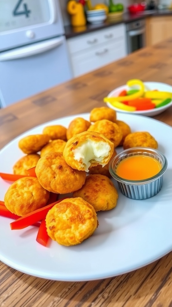 Crispy cheesy veggie bites on a plate with bell pepper slices and dipping sauce, perfect for kids.